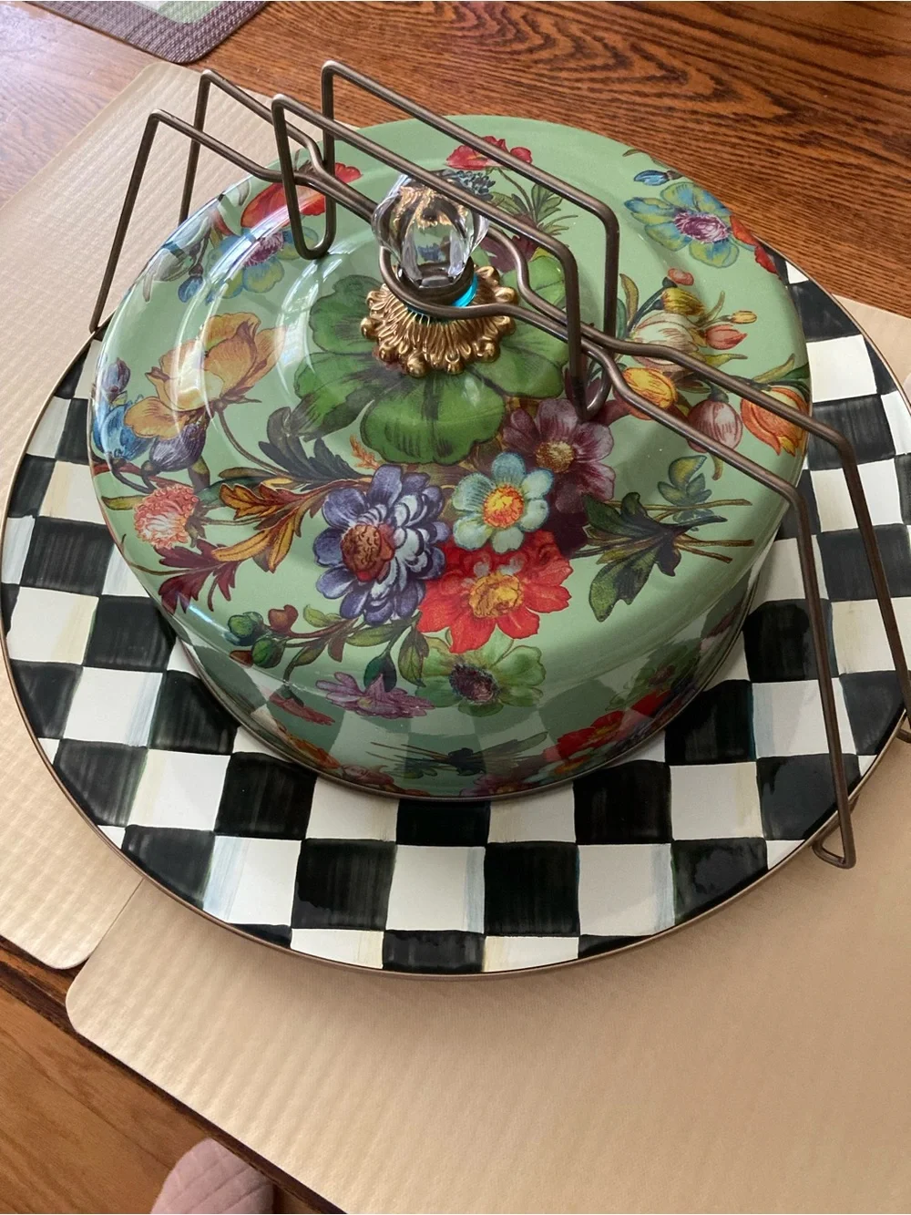 MacKenzie-Childs Floral Mint Cake Dome with Checker Plate